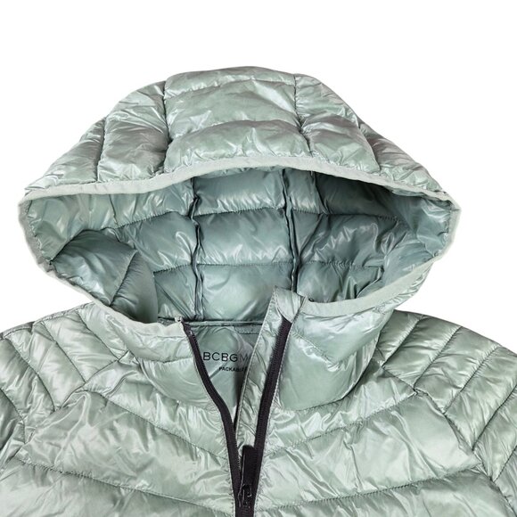 BCBG MAXAZRIA Puffer Jacket Womens Large Hooded Green Light Weight Down Filled - Picture 4 of 12
